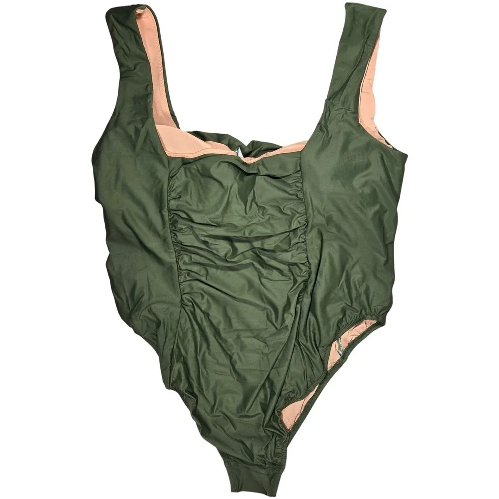 J. Crew Ruched squareneck one-piece in‎ Safari Green 24 NWT